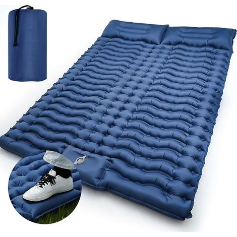 Double Camping Mattress, Camping Sleeping Mattress, Inflatable Air Mattress, Sleeping Mattress with Foot Pump and Pillow for Camping, 195 x 125 x 10 cm, Blue (1/5)