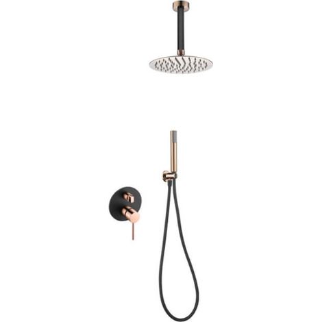 Conjunto moderno de ducha con un diseño monomando de acabado negro mate y oro rosa stick Milos de Imex