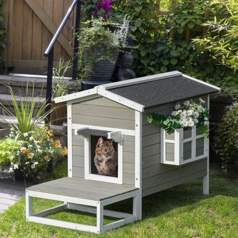 Maison pour chats 115x66,5x74,7 cm en bois gris avec terrasse, stable dehors – MEUBLIV (1/5)