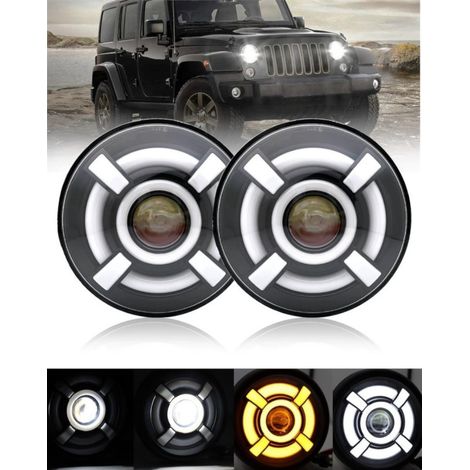 Lot de 2 pièces, universel, 7 pouces (18 cm), LED-halogène, 12–24 V, feux de croisement/feux de route avec DRL (feux de jour), c