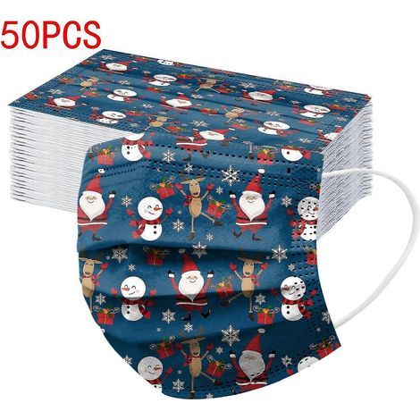 50 masques jetables Kawaii pour adultes, imprimés, avec filtres 3 plis, décorations de Noël et d'Halloween.