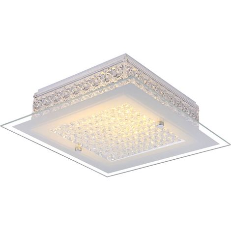 Plafoniera LED cristalli luce cristallo vetro opale lampada da soffitto soggiorno, metallo cromato, LED 12W 1030Lm bianco caldo, LxWxH 30x30x8 cm