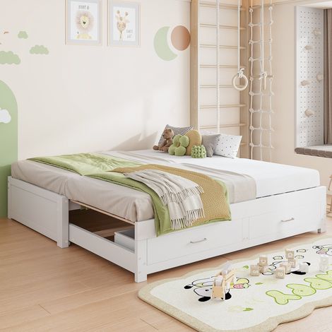 Lit gigogne extensible 90x190/180x190 cm blanc, lit banquette 2 places avec 2 tiroirs de rangement, sommier à lattes, pin MDF (1/5)