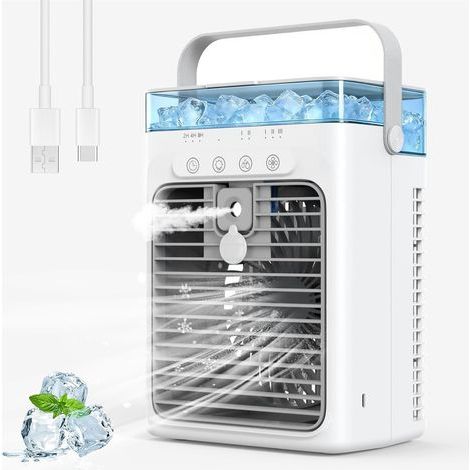 Climatiseur mobile, rafraîchisseur d'air portable avec réservoir d'eau de 1 L, ventilateur de refroidissement par évaporation, climatiseur sans tuyau d'évacuation, ventilateur personnel pour chambres (1/5)