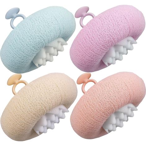 Lot de 4 boules de bain tournesol 2 en 1 améliorées, éponge de bain ultra douce avec ventouse et anneaux pour les doigts, loofah exfoliant pour la douche (1/5)