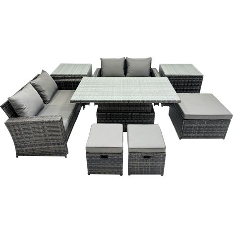 Fimous Outdoor Love Sofa Set 7 Seat Rattan Garden Furniture Set with Adjustable Lifting Dining or Coffee Table Dark Grey Mixed (1/5)