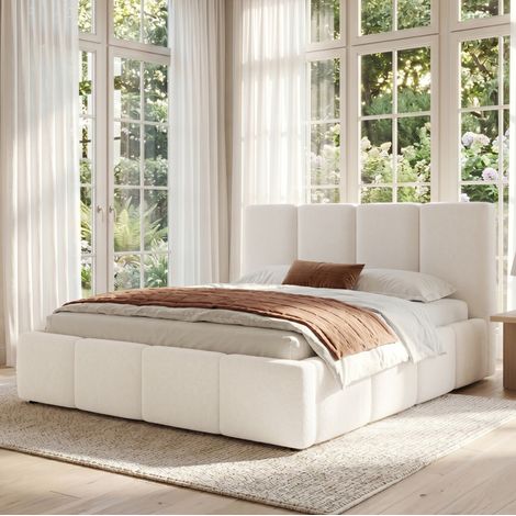 Cama tapizada minimalista bouclé beige 180x200 cm con cabecero acolchado y somier de láminas (1/5)