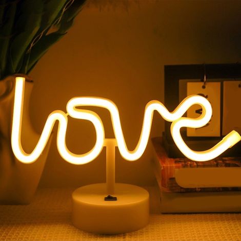 Luminaire Néon LED Forme Cœur - Alimentation USB ou Piles AA - Décoration Chambre Salon Mariage Anniversaire - 33 x 20 cm - Jaune - 1 pièce (1/5)