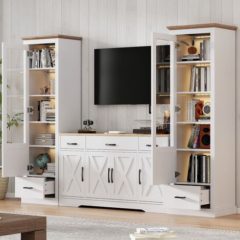 Vitrine 178 cm éclairage LED finition blanc mat verre trempé 5 compartiments tiroir intégré prise USB meuble sur pied aspect bois