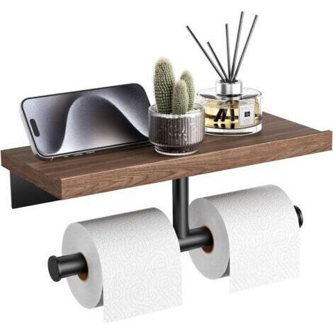Porte-papier toilette mural avec étagère, porte-papier toilette en bois, porte-papier toilette en acier inoxydable noir mat (noyer)