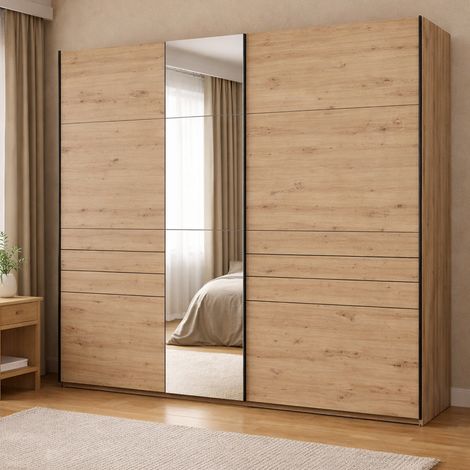 Armario grande Peio, ropero de dormitorio con perchero, 2 estantes, puertas correderas, 245x218h cm, marrón roble nudoso (1/5)