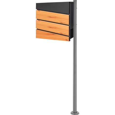 ECD Germany Standbriefkasten mit Zeitungsfach, Design Briefkasten mit Pfosten, Briefkastenanlage, Briefkastenständer Silber aus Edelstahl, Postkasten Anthrazit Holzoptik aus Stahl pulverbechichtet