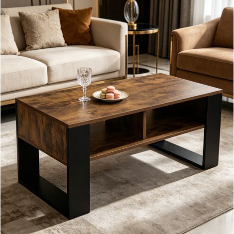 Table basse 90x45x45,5 cm noir et brun, rangement ouvert, panneaux en bois E1, mélaminé MEUBLIV (1/5)
