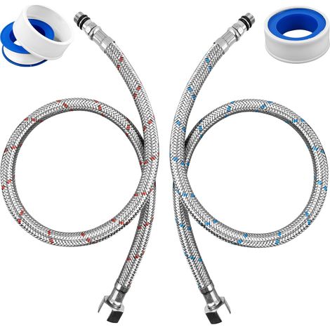 Lot de 2 tuyaux flexibles G3/8 x M10, raccord avec bande d'étanchéité, en acier inoxydable tressé, tuyau de raccordement blindé flexible, rallonge pour robinet mitigeur (1/5)