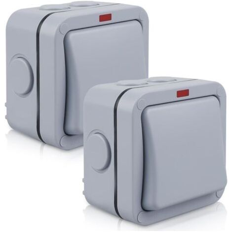 Lot de 2 interrupteurs résistants aux intempéries - 20 A IP66 - Interrupteur étanche avec interrupteur indépendant et voyant lumineux - Interrupteur universel d'extérieur - Gris - Pour extérieur