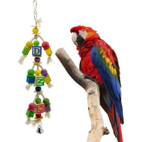 Jouets en bois colorés pour oiseaux, comprenant des lettres, des cubes et des clochettes accessoires interactifs pour perroquets et autres oiseaux de compagnie.