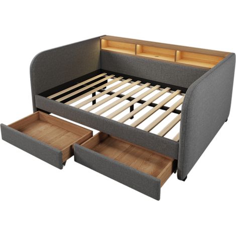 Letto capitonné 140 x 190 cm con LED, USB-C, 2 cassetti e testiera contenitore, grigio (1/5)