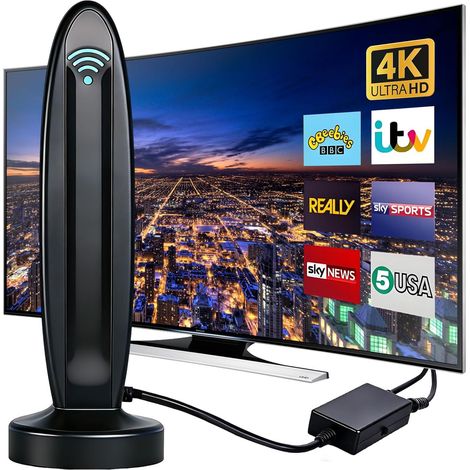Antenne DVB-T2 avec amplificateur pour intérieur - Antenne de chambre pour téléviseur, DVB-T/T2, antenne TV 4K UHD Full HD, réception 360° jusqu'à 500 km, chaînes (1/5)