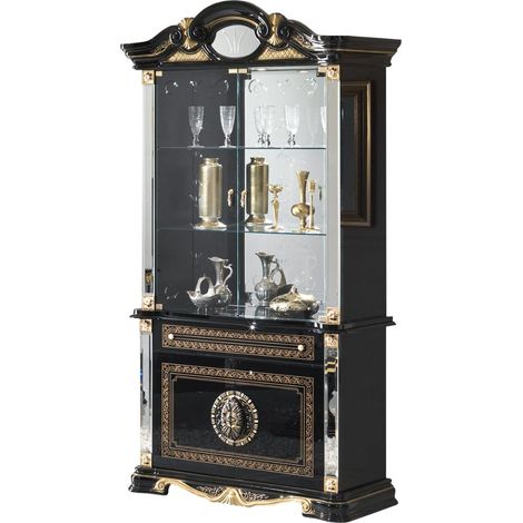 Vitrine 4 portes 1 tiroir bois vernis laqué brillant noir et doré Lesly 105cm