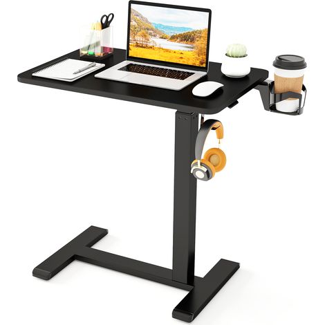 Table de Lit pour Ordinateur Portable, Table Roulante pour Lit, Bureau Pneumatique Réglable en Continu 65,5-100 CM, Porte-Gobelet, Crochet, Noir (1/5)