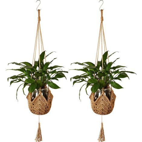 Paniers fleurs suspendus jute - 2 pcs, Paniers macramé corde jute, Avec crochets suspension décoration intérieur - Naturel (1/5)