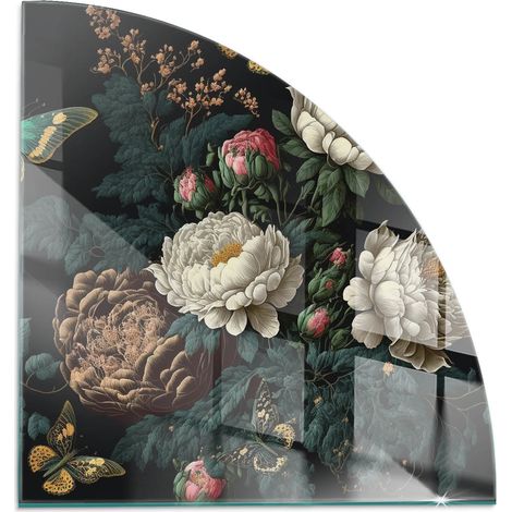 Plaque en verre Cheminée Protecteur de Sol Sous la Cheminée Verre Trempé Protection Thermique Motif floral avec papillons 1/4 100x100 cm (1/5)