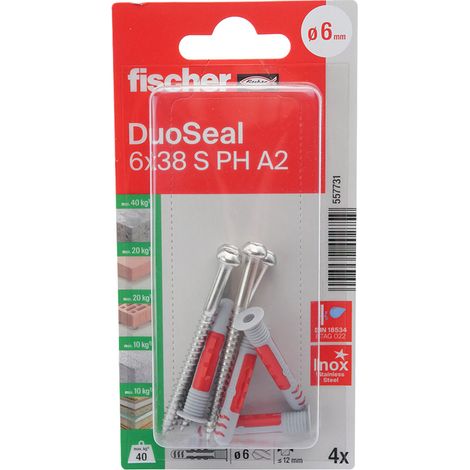 FISCHER DUOSEAL 6 X 38 S PH TX A2 K NV CHEVILLE 38 MM 557731 1 SET