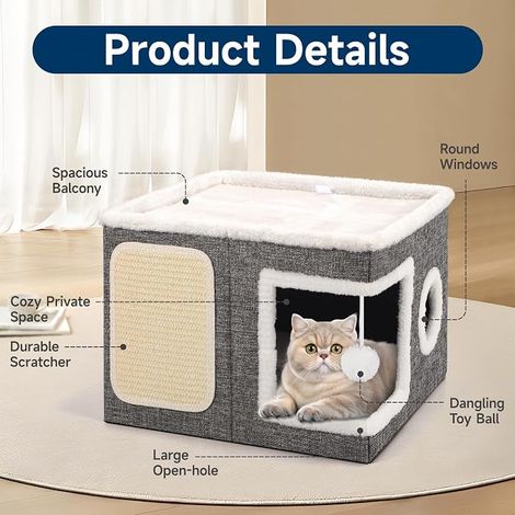 Lits d'intérieur Pliables pour Chat, 43 x 43 x 32 cm, Grande Maison pour Chat avec Niche Confortable, Boule Suspendue, fenêtre Ronde, Cube pour Chat à 2 Niveaux avec Coussins Doux Double Face, Gris (1/4)