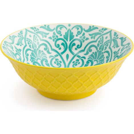 Mikasa yellow and blue geometric stoneware ramen bowl, patterned 1l japanese noodle bowl for dining, multi-purpose deep serving dish, 21cm