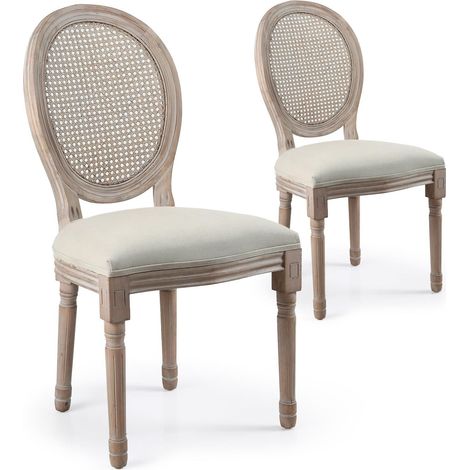 Lot de 2 chaises médaillon Louis XVI Bois massif patiné avec cannage et Tissu Beige