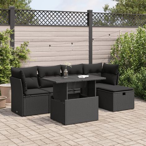 Ensemble Salon Jardin 6 Places Noir Résine Tressée avec Coussins, Table Modulable et Espaces Rangement (1/5)