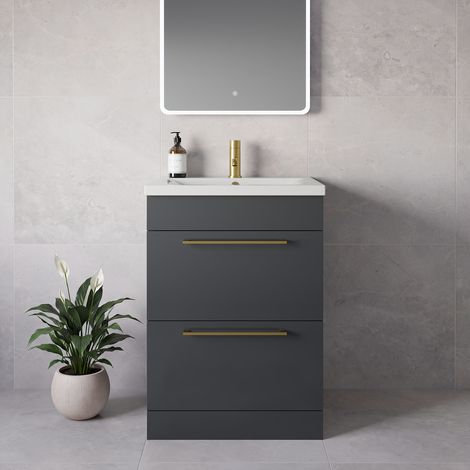 Napoli 460 Gloss Grey 600mm 2 Drawer Vanity Unit with Glide Basin - 600mm - Brushed Brass 320mm Handle