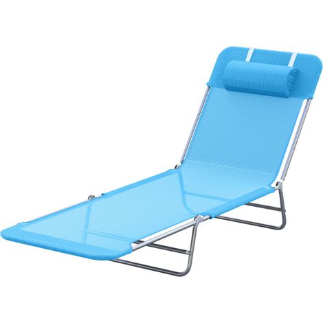 Transat pliant de jardin avec appui-tête, dossier réglable 5 positions, jusqu'à 120 kg, bleu (1/5)