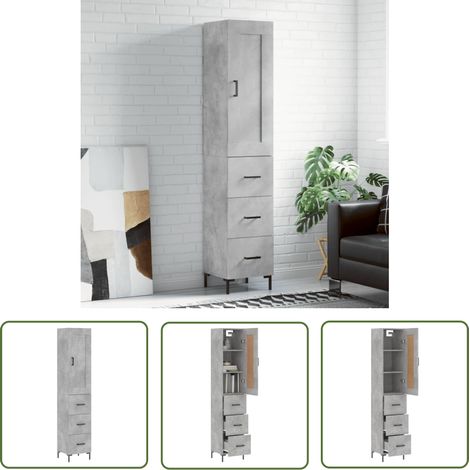 The Living Store Buffet haut Gris béton 34,5x34x180 cm Bois d'ingénierie - Buffet Design Moderne - Meuble Rangement Gris - Armoire Cuisine - Buffet Bas - Buffet Haut (1/5)