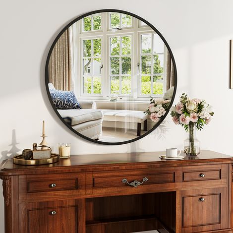 Miroir mural rond Ø75 cm en verre trempé avec cadre aluminium noir, miroir design pour salle de bain et coiffeuse (1/5)