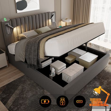 MEUBLIV Lit coffre rembourré 160x200 avec tête de lit réglable lampe de lecture USB C sommier à lattes tissu gris (1/5)