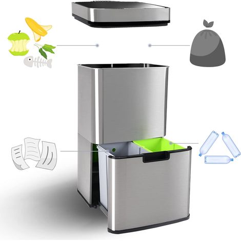 Gardtech Mülleimer Küche 62 Liter Automatisch Abfalleimer mit Sensor 3 fächer Mülltrennsystem mit Softclose-Deckel Klemmring für Müllsäcke aus Edelstahl Volumen von 2 x 12.5L und 37L Silberfarben
