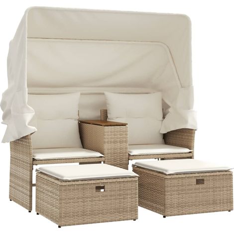 Maison Exclusive - Gartensofa 2-Sitzer mit Dach und Hockern Beige
