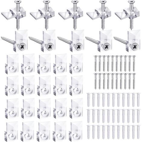 Lot de 30 supports muraux pour miroir, crochets pour miroir, kit de fixation pour verre, support en plastique pour miroir, clips de montage sans cadre de 4 mm pour salle de bain, vestiaire, bureau (1/5)