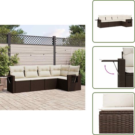 The Living Store Salon de jardin avec coussins 5 pcs marron résine tressée - Salon De Jardin - Meuble De Jardin - Canapé Extérieur - Ensemble Salon - Mobilier De Jardin (1/5)