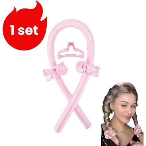 Ensemble - Fer à boucler sans chaleur - Fer à boucler pour la nuit - Fer à boucler pour des ondulations parfaites - Fer à boucler 1 - Pince à cheveux 1 - Élastiques à cheveux 2 - Rose (1/5)