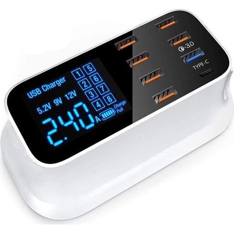 Station de charge USB 8 ports - 40 W - Charge rapide avec QC 3.0 et port Type-C - 8 ports - Idéale pour la maison, le bureau et les voyages (Blanc) (1/5)