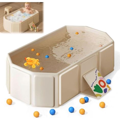 Baignoire Pliable Bébé, Baignoire Portable pour Enfants de 0 à 8 Ans, Baignoire Enfant Pliable pour Douche avec Bouchon de Vidange, Bassin Pliable pour Douche ou Jardin, Beige