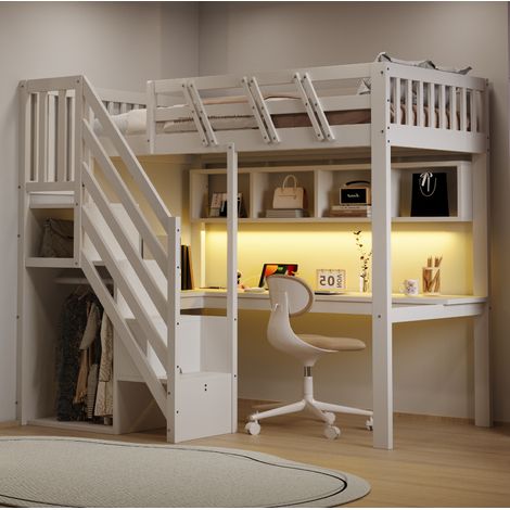 Lit mezzanine en bois blanc 90x200 cm avec bureau, escalier rangement, LED et prises (1/5)