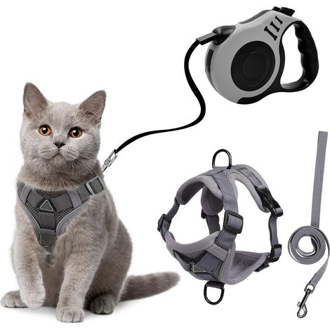 Harnais Chat avec Rétractables Laisse, Reglable Harnais Chaton, Respirant Réfléchissant, et 3m Laisse Rétractables, pour Chat Petit Chien (Gris) (1/4)