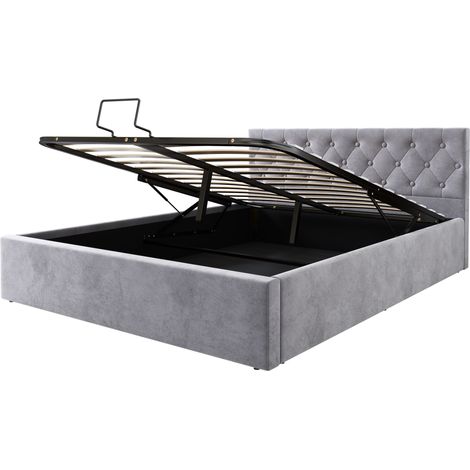 Cama matrimonial tapizada en terciopelo gris 140x200 cm con cabecero capitoné y almacenaje (1/5)