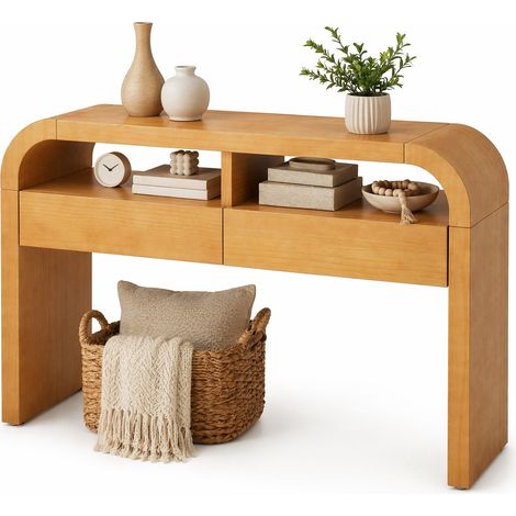 ELVMI Konsolentisch mit 2 Schubladen, 2 Offenen Fächern und Verstellfüßen für Flur, Wohnzimmer oder Esszimmer, MDF Natur (1/5)