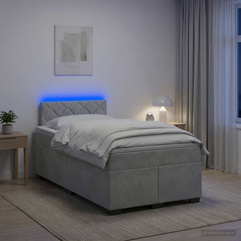 Cama con Base Tapizada, Colchón y Luz LED Gris Claro (1/5)
