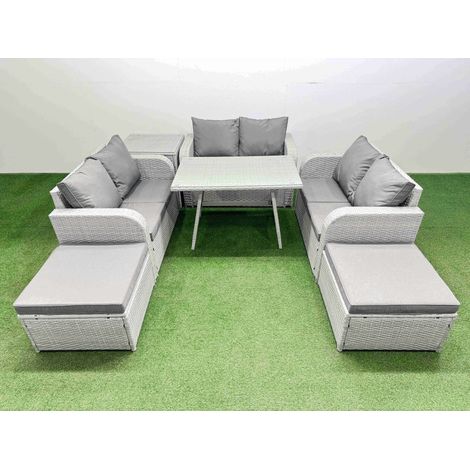 Fimous Rattan Garden Furniture Dining Set 8-seater Patio Rectangular Table Love Sofa Set with Side Table 2 Big Stools (1/4)