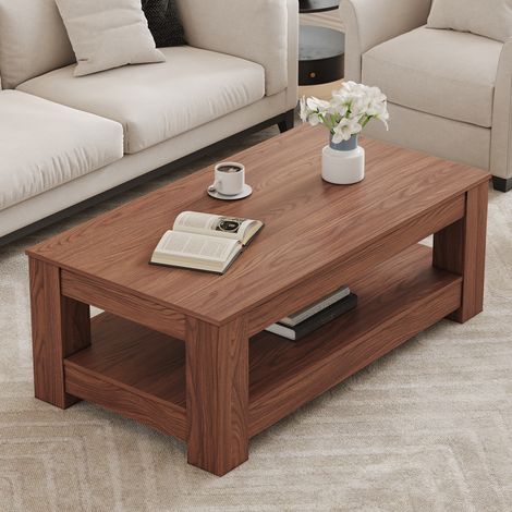 Mesa de centro rectangular de 2 niveles para sala de estar, con espacio de almacenamiento, MDF con acabado en nogal (1/5)